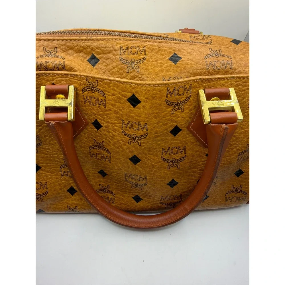 MCM Visetos Boston Bag Cognac Monogram Coated Canvas Satchel G0814‎ 10in